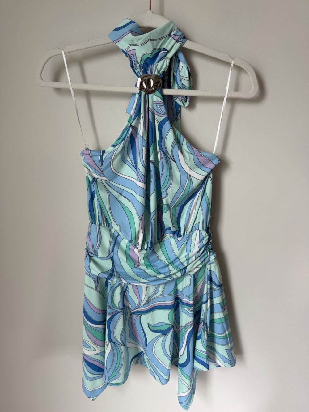 Viral Retro Swirl Halter Mini Dress in Aqua & Blue with silver accent
